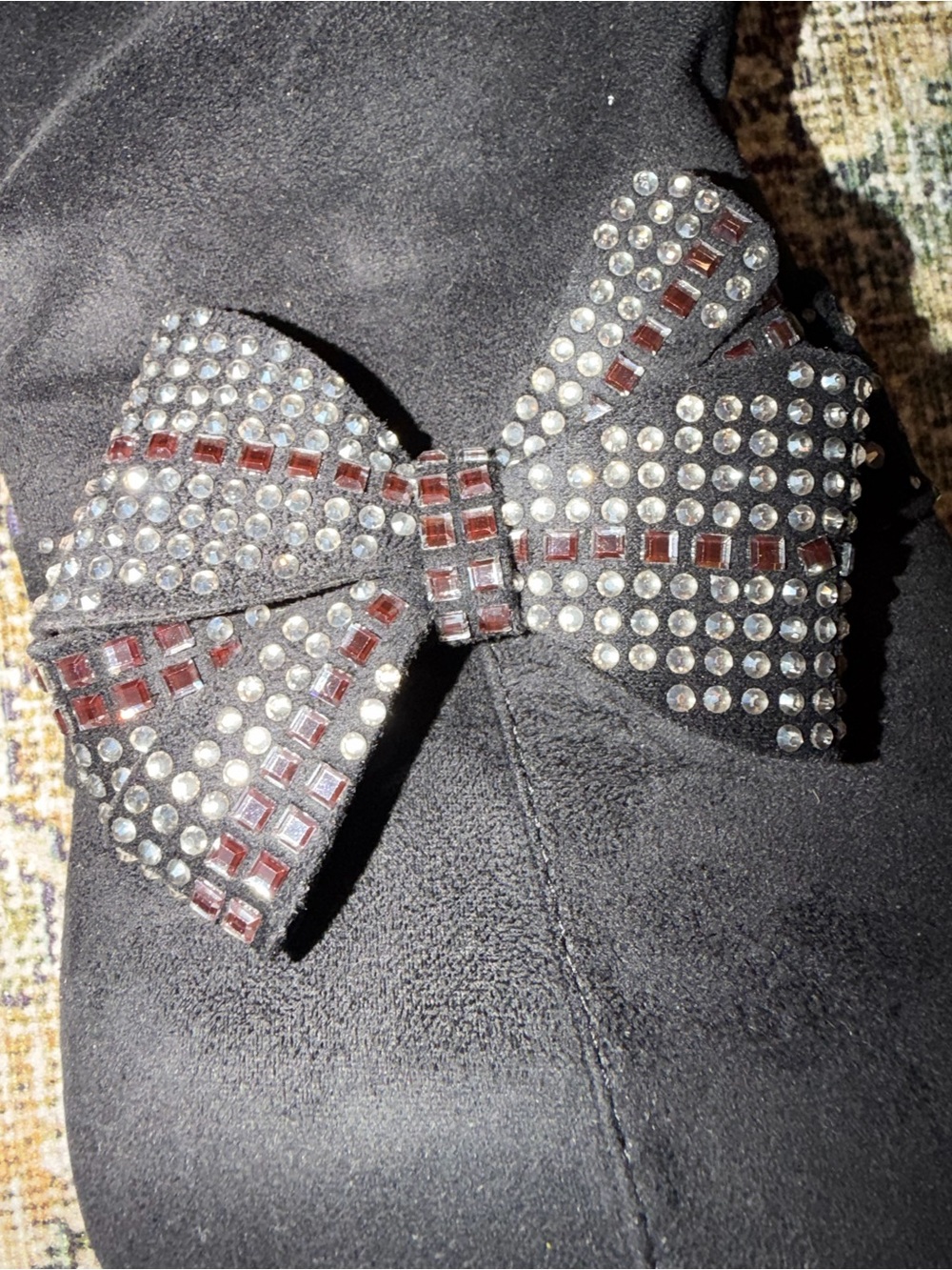 Black Knee-High Platform Heeled Boots with Studded Bow - Picture 2 of 4